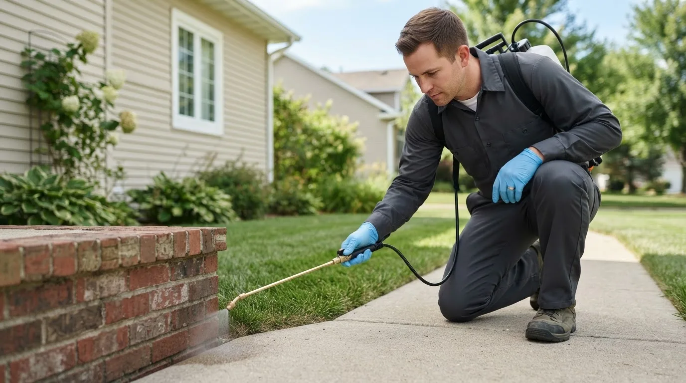 Pest control technician treating a home near Mooers Forks, NY