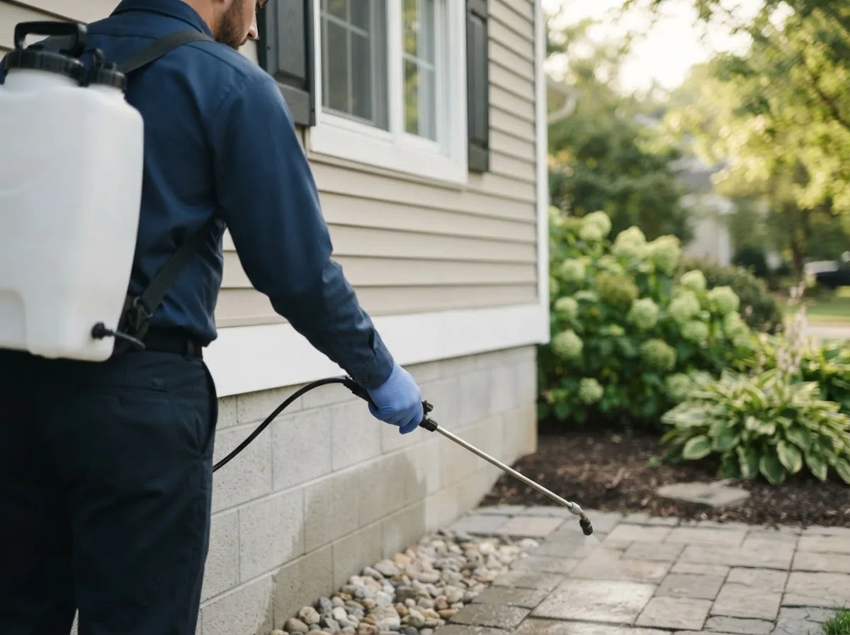 Pest control technician inspecting a home in Mooers Forks, NY